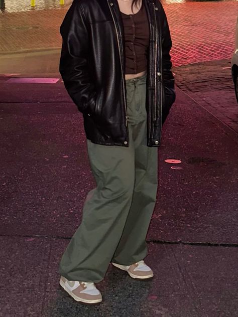 leather jacket - dads closet/ brown top - hollister/ pants - pacsun/ medium curry dunks Urban Brown Cargo Pants With Pockets, Brown Cargo Jeans With Pockets For Streetwear, Brown Urban Cargo Pants, Vintage Brown Cargo Pants With Pockets, Brown Ankle-length Cargo Pants With Pockets, Parachute Pants Outfit, Hollister Pants, Brown Top, Green Jacket