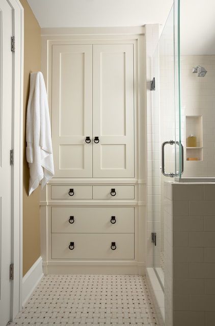 Idea File: Floor to Ceiling Cabinets - CR | Construction Resources Bathroom Closet Designs, Built In Bathroom Storage, Bathroom Linen Closet, Floor To Ceiling Cabinets, Simple Bathroom Designs, Closet Diy, Bathroom Cabinets Designs, Bathroom Tall Cabinet, Small Space Bathroom