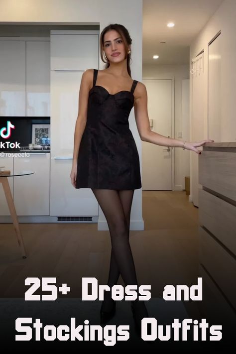 Achieve a simple yet aesthetic look with this cute dress and stockings outfit, perfect for any occasion. Embrace your inner style with this trendy and versatile ensemble. Stockings Outfit Vintage Classy, Christmas Party Black Dress, Black Christmas Party Outfit, Black Holiday Outfits, Black Tights With Heels, Dresses With Stockings Outfit, Dress And Stockings Outfit, Tights With Heels, Black Stockings Outfit