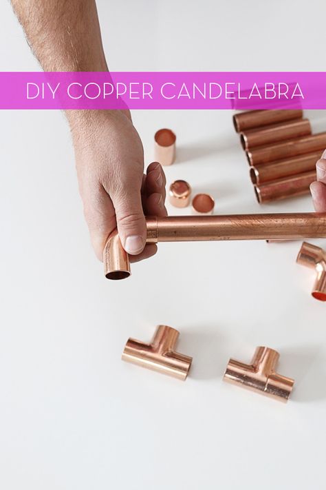 Make It: Simple and Modern DIY Copper Candelabra » Curbly | DIY Design Community Diy Candelabra Centerpiece, Candleabra Ideas, Unicorn Projects, Diy Candelabra, Copper Ideas, Homemade Christmas Presents, Copper Furniture, Diy Copper, Knock On Wood