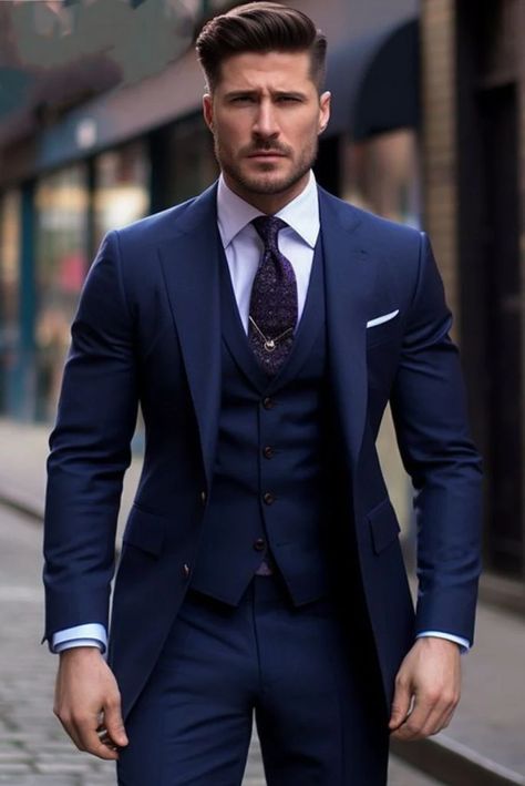 Navy Blue Suit Wedding, Blue Three Piece Suit, Event Attire, Stylish Mens Suits, Blue Suit Men, Blue Suit Wedding, Classy Suits, Formal Fashion, Suit For Men