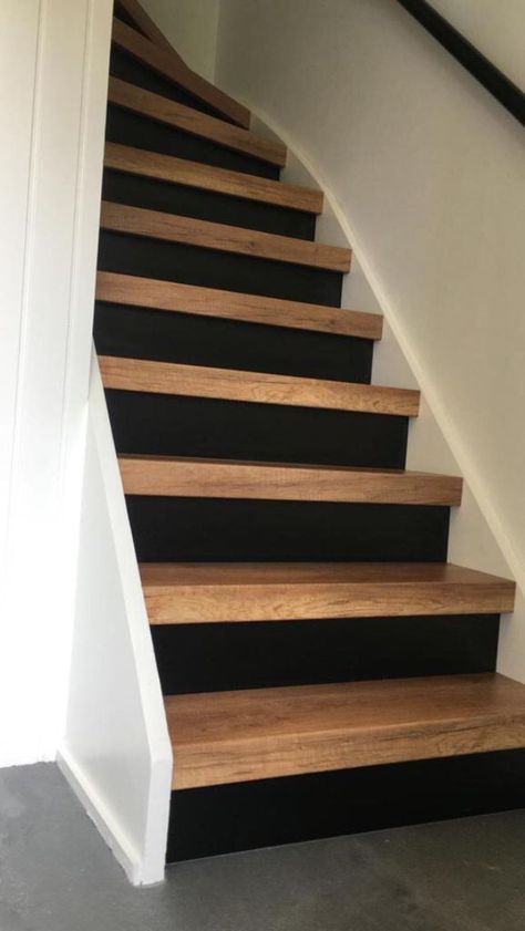 Interior Concrete Stairs, Stairs No Railing, Dining Room With Stairs, Small Townhouse Decorating, Stair Trim Ideas, Basement Steps Ideas, Staining Stairs, Painted Wood Stairs, Basement Stairwell Ideas