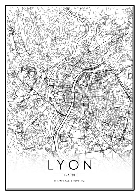 Lyon City, Maps Aesthetic, France Aesthetic, Aesthetic Vintage, Urban Design, City Map, Black Art, Black Print, Abstract Prints