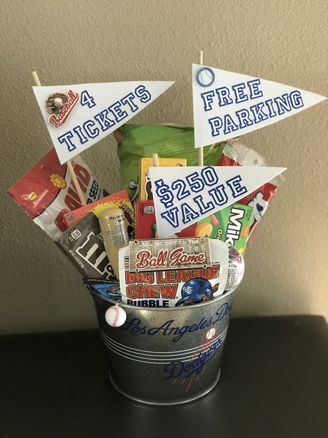 Baseball Themed Raffle Basket, Baseball Auction Ideas, Baseball Basket Ideas Silent Auction, Surprise Baseball Tickets Gift Ideas, Baseball Theme Gift Basket, Baseball Raffle Basket Ideas, Baseball Basket Ideas, Baseball Gift Basket Ideas, Baseball Ticket Gift