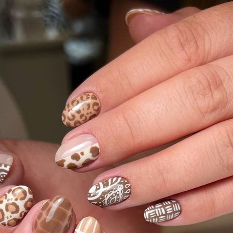 Western Nails Brown, Patch Work Nail Art, Western Thanksgiving Nails, Cowboy Nail Ideas, Brown Western Nails, Brown Cow Print Nail Designs, Cow Nails Brown, Nails Brown Cow Print, Brown Animal Print Nails