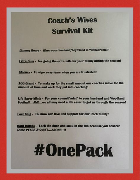 Wife Survival Kit, Football Coach Wife, Coaches Wife, Football Coach, Survival Guide, Survival Kit, School Stuff, Friday Night, Coaching