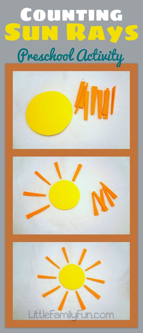 Counting Sun Rays - Preschool Activity - This idea could also be turned into a NIM game to be played with older siblings. Place a certain number of sun rays around the circle (Cuisenaire Rods with a yellow pattern block in the middle) Take turns removing one or two rays. The person who has to pick up the last ray is the loser. Weather Activities Preschool, Space Theme Preschool, Space Preschool, Preschool Weather, Kraftangan Prasekolah, Sun Crafts, Weather Crafts, Theme Preschool, Weather Theme