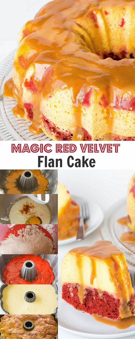 MImpress your sweetheart with this fabulous magic red velvet flan cake. This cake is not only stunning to look at, it's also absolutely divine to devour! Plus, something magical happens during baking. Flan Cakes, Flan Recipes, Magic Cakes, Velvet Recipes, Flan Cake, Sweet Magic, Flan Recipe, Cake Platter, Magic Cake