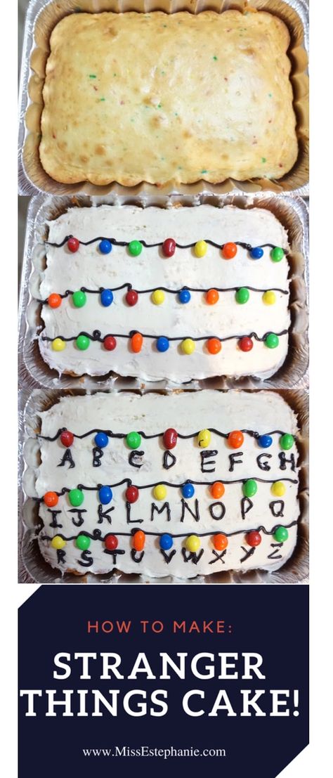 Make your very own Stranger things sheet cake. Super easy and yummy! #StrangerThings2 #strangerthings #strangerthingscake Stranger Things Birthday Cake Easy, Stranger Things Cake Ideas Easy, Easy Stranger Things Cake, Stranger Things Crafts Diy Easy, Stranger Things Sheet Cake, Stranger Things 11th Birthday Party, Stranger Things Crafts, Stranger Things Cake Ideas, Stranger Things Cupcakes