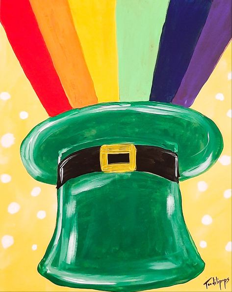 Rainbow and leprechaun hat with gold background in acrylic paint St Patrick's Day Canvas Painting Ideas, St Patrick's Day Window Painting, St Patricks Day Paintings On Canvas Kids, March Painting Ideas For Kids, March Painting Ideas Canvases, Saint Patricks Day Paintings, St Patricks Canvas Painting Ideas Easy, St Patricks Day Canvas Painting Ideas, St Patricks Paintings On Canvas