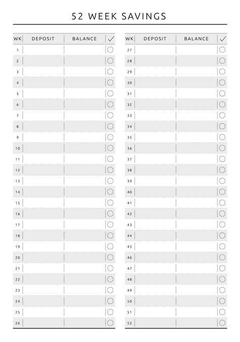 Keep your weekly savings chart with this printable financial template in original style. Plan your personal budget and track easily your 52-week savings progress. Sections available in this template: Week number, Deposit, Balance, Checkbox, for each week  #budgetplanner #bills #money #digitalpaper #planners Saving Chart Printable, Printable Money Saving Chart, Savings Chart Printable, Weekly Savings Chart, Budget Planning Printables, Financial Templates, Household Budget Template, Weekly Savings, Budget Spreadsheet Template