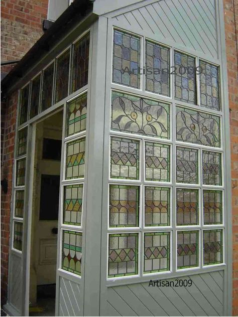 Stained Glass Porch Stained Glass Porch, Glass Porch, Leaded Glass Door, House Elements, Porch Uk, Tiffany Glass, House With Porch, Stained Glass Designs, Stained Glass Mosaic