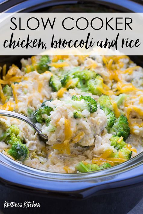 This Crock Pot Chicken, Broccoli Rice Casserole is a healthy family dinner that's easy to make! Made from scratch with chicken, brown rice, broccoli and cheese. One of our favorite slow cooker recipes! #slowcooker #crockpot #chicken #chickenrecipes Slow Cooker Recipes Rice Dinners, Chicken Broccoli Rice Cheese Casserole Healthy Crockpot, Brocoli Chicken Rice Crockpot, Chicken Brown Rice Crockpot, Chicken And Brown Rice Recipes Crockpot, Chicken Broccoli Rice In Crockpot, Chicken And Broccoli Slow Cooker, Chicken Broccoli Rice Slow Cooker, Slow Cook Chicken And Rice