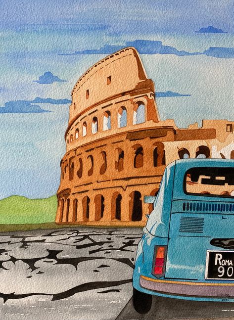 Rome Art Painting, Italy Drawing Ideas, Italy Canvas Painting, 3 Canvas Painting Ideas Easy, Architecture Canvas Painting, Rome Watercolor Painting, Italy Drawing Easy, International Paintings, Italy Painting Easy