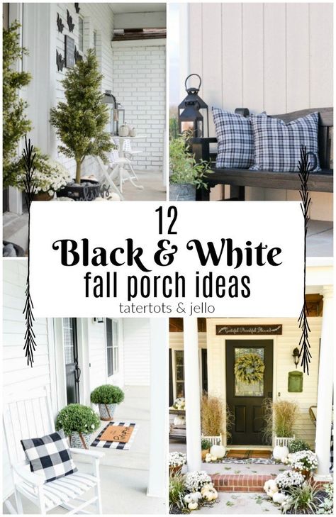 12 Black & White Fall Porch Ideas! - Tatertots and Jello Fall Porch Ideas, Halloween Dining Room, White Porch, Driven By Decor, Halloween Front Porch, Fall Front Porch, White Farmhouse, Fall Decorations Porch, Black And White Decor