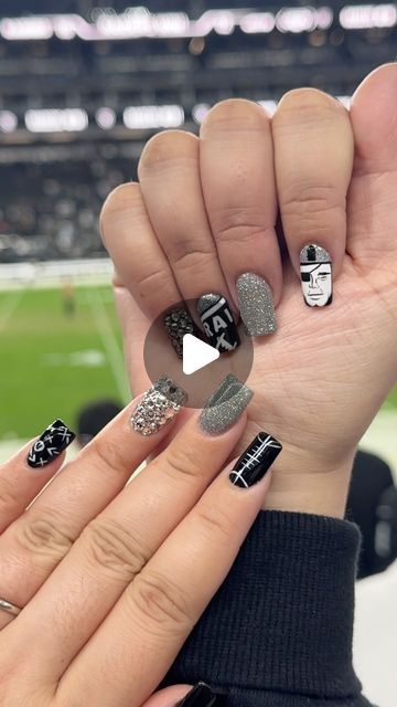 Gabby on Instagram: "Las Vegas Raiders nails 🏈⚔️🏴‍☠️ #raiders #lasvegasraidersnails #nfl #lasvegasraiders #lasvegas #oaklandraiders #football #silverandblack #raidersnation #raidersfootball #oakland #vegas #raidersforlife" Raiders Nails Designs, Raider Nails, Raiders Nails, Nfl Nails, Instagram Las Vegas, Raiders Football, Las Vegas Raiders, Dream Nails, November 13