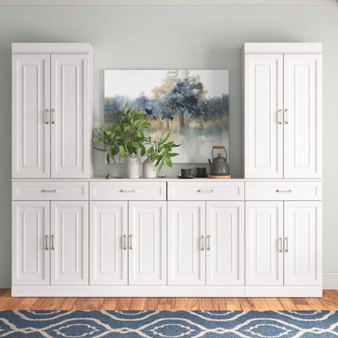 Kitchen Bank Of Cabinets, Dining Room Cabinets Built In Buffet Farmhouse, Office Storage Cabinets With Doors, Cabinet Wall In Dining Room, Cabinets In Bedroom Wall, Wall Of Cabinets Office, White Dining Room Cabinets, Wall To Wall Storage Cabinets, Buffet Cabinet In Dining Room