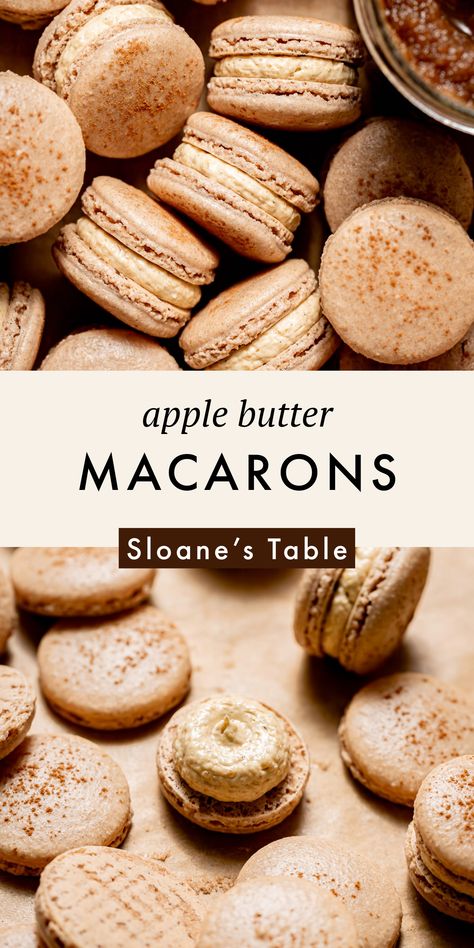 These apple butter macarons consist of chewy cinnamon shells and a creamy apple butter French buttercream. The warm spices married with the slow cooked apple butter make these delicate cookies the epitome of fall! Apple Butter Macarons, Fall Macaroons, Fall Macaron Flavors, Maccarone Recipes, Cinnamon Macarons, Apple Macarons, Fall Macarons, Delicate Cookies, Macaron Ideas