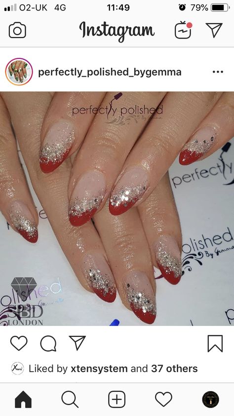 Red And Silver French Tip Nails, Red And Silver Nails For Prom, Christmas Nails Red And Silver, Red Glitter Nails, Red And Silver Nails, Glitter Tip Nails, Red Nails Glitter, White And Silver Nails, Red Christmas Nails