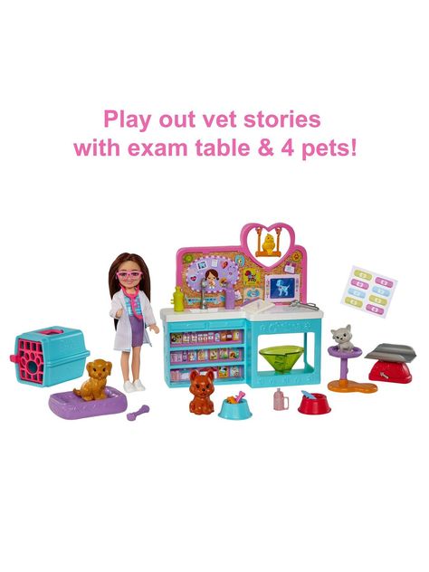 This barbie chelsea pet vet career doll and playset encourages children to be kind and caring. When children play with Barbie Chelsea Doll, Coat And Dress, Chelsea Doll, Barbie Family, Barbie Skipper, Pet Vet, Pet Crate, Cat Tower, White Coat