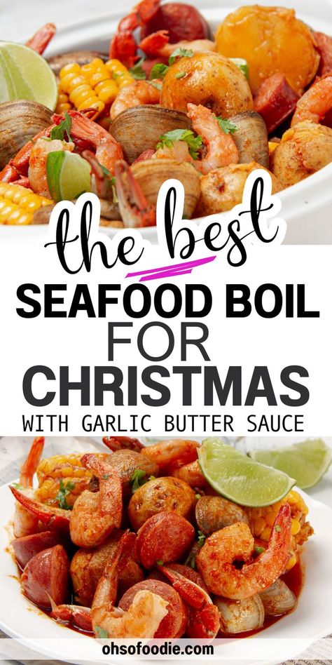 Text reads Seafood Boil For Christmas With Garlic Butter Sauce Easy Seafood Boil, Christmas Seafood, Crab Boil Recipe, Seafood Sauce Recipe, Shrimp And Crab Boil, Cajun Seafood Boil, Lobster Bisque Soup, Shrimp Boil Recipe, Seafood Boil Recipes