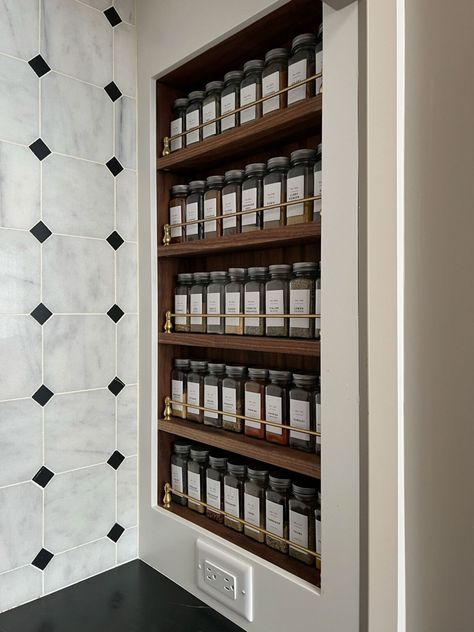 Exposed Spice Rack, Spice Rack Built Into Wall, Inset Spice Rack, Classy Spice Rack Ideas, Recessed Spice Cabinet, Shallow Spice Cabinet, Industrial Spice Rack, Spice Rack Next To Range, Floor To Ceiling Spice Rack