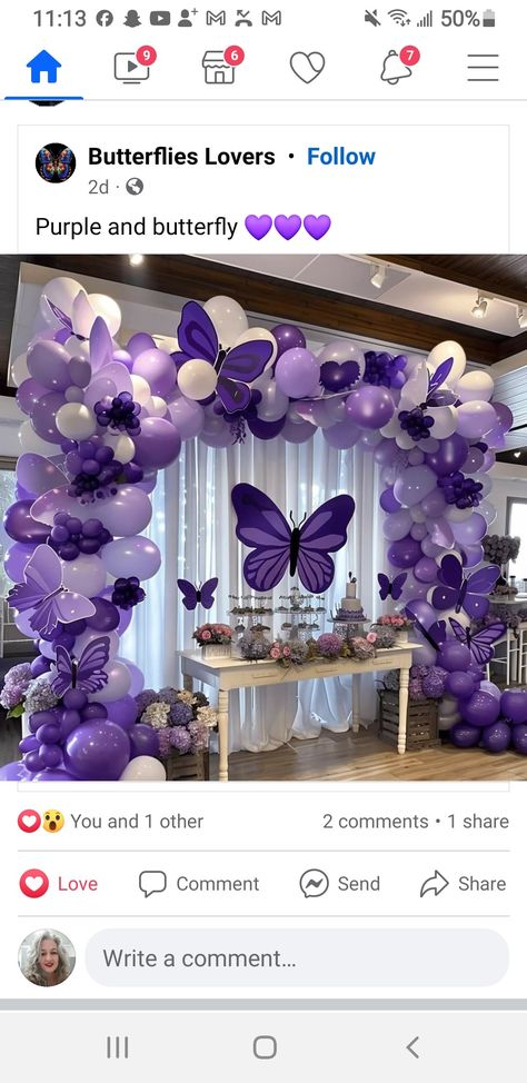 Quince Decorations Purple, Purple Butterfly Party, Purple Birthday Party Decorations, Purple Balloon Garland, Sweet 16 Party Themes, Purple Party Decorations, Purple Balloon, Purple Birthday Party, Quince Decorations