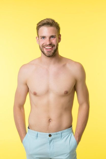 Hands In Pockets, Man Looks, Smiling Face, Yellow Background, Men Looks, Smile Face, Premium Photo, Smooth Skin, Hair Removal