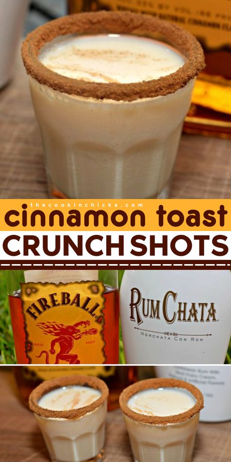 Looking for a simple winter drink recipe? Try these easy-to-make Cinnamon Toast Crunch Shots! You only need 2 ingredients, and you are good to go. Just combine a little Rumchata with Fireball and this mix is a perfect alcoholic Christmas drink you can enjoy with your family! Rumchata Cinnamon Toast Crunch, Cinnamon Toast Crunch Alcoholic Drink, Cinnamon Toast Shots, Kahlua And Rumchata Drinks, Simple Rumchata Drinks, Frozen Rumchata Drinks, Bye Drink Ideas, Easy Alcoholic Mixed Drinks, Drinks With Fireball Recipes