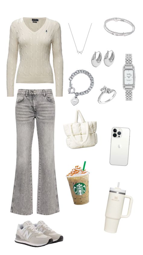 ralph lauren top, iphone, grey flare jeans,clean girl winter outfit, new balance trainers, silver jewellery, starbucks Clean Girl Outfit Inspo Winter, Winter Clean Girl Outfits, Clean Girl Aesthetic Outfits Winter, Cute Clean Girl Outfits, Yvonne Core, Clean Girl Fall Outfits, Winter Clean Girl, Clean Girl Winter, Clean Girl Style