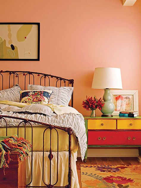 Vintage Bedroom Ideas -- Maybe not in this color scheme, but I love the overall feel. Peach Bedroom, Colorful Bedroom Design, Peach Walls, Bedroom Orange, Bedroom Walls, Vintage Bedroom, Iron Bed, Bedroom Vintage, Bedroom Paint