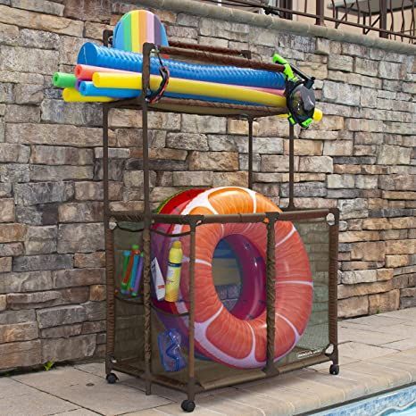 Pool Organizer, Pool Organization, Pool Float Storage, Pool Toy Storage, Cool Pool Floats, Pool Storage, Pool Essentials, Blue Pool, Pool Noodles