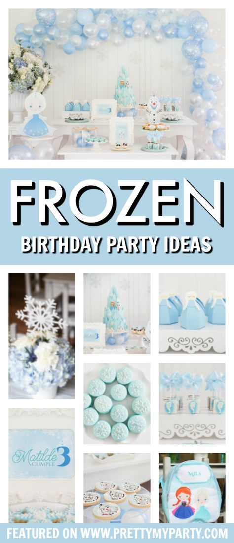 Frozen Themed 3rd Birthday Party on Pretty My Party #frozenpartyideas #frozen #prettymyparty Frozen Inspired Birthday Party, Olaf Decorations, Frozen Diy Party, Frozen Themed Birthday Cake, Frozen Party Supplies, Frozen Birthday Party Decorations, Elsa And Olaf, Doughnut Party, Snowflake Decor