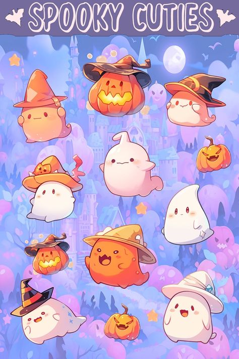 A spooky cutie kawaii ghost sticker sheet offers a playful and charming assortment of stickers featuring adorable, ghostly characters with a Halloween-themed twist.  These stickers add a fun and slightly eerie touch to your decorations, scrapbooks, or personal items, perfect for those who love the whimsy of Halloween with a cute twist. Use them on your journal, planner, stationary, phone, and more! Product printed on Waterproof Matte Vinyl sticker paper and then covered with a high quality  wate Halloween Party Drawing, Sticker Theme Ideas, Spooky Graphic Design, Halloween Sticker Ideas, Sticker Sheets Aesthetic, Cute Ghost Stickers, Cute Halloween Stickers, Kawaii Spooky, Kawaii Ghost