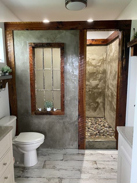 Walkin Shower Ideas, Farm Bathroom Ideas, Rustic Walk In Shower Ideas, Bathroom Windows In Shower, Diy Shower Door, Unique Shower Doors, Bathroom Remodel Plans, Rustic Bathroom Shower, 2024 Bathroom