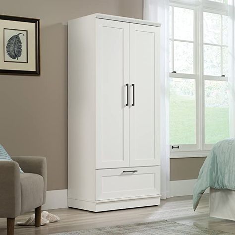 Amazon.com: Sauder Homeplus Wardrobe, Soft White finish : Home & Kitchen White Armoire, Clothes Drawer Organization, Wooden Armoire, Wardrobe Storage Cabinet, Armoire Storage, Clothes Cabinet, Oak Wardrobe, White Wardrobe, Diy Wardrobe