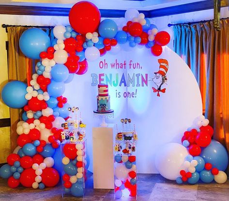 Designs by Alexandra on Instagram: “Oh what fun, Benjamin is one!! ❤️💙❤️💙 Design and Styling @designsbyalexandra  Decal @nine26design  Cake @ladyksbakeshop  Desserts…” Dr Seuss Balloon Arch, Dr Seuss Cake, Dr. Seuss Book, Dr Seuss Baby Shower, Qualatex Balloons, Dr Seuss Birthday, Oh What Fun, 1 Birthday, Dr Suess