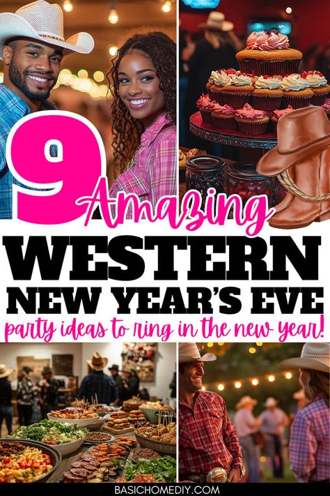 Find 9 festive cowboy western New Year’s Eve party ideas - including food, games, and activities for an amazing end-of-the-year bash with a wild west twist. Looking for the perfect way to ring in the New Year with a Western twist? Check out disco cowboy rodeo, rustic barn party, and chic western style party ideas for a house party or a holiday dinner party for every cowboy and cowgirl. Get inspired with party decorations, party food ideas, fun games, NYE table centerpieces, and unique banners. Western Party Food Ideas Wild West Cowboy Theme, Rustic New Years Eve Party, Rodeo Party Ideas For Adults, Country Western Party Decorations, Western Style Party, Western Party Foods, Cowboy Party Games, Western Themed Party, Country Western Parties