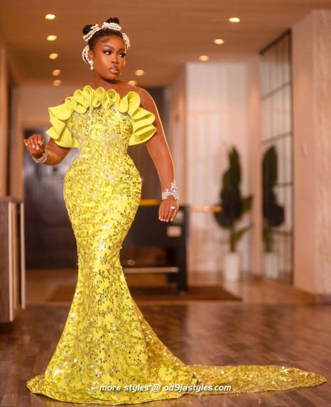 Gorgeous & Enchanting Styles For Church and Special Occasions, Volume 25. Yellow Lace Asoebi Styles, Bridal Dresses Mermaid, Lace Asoebi, Lace Asoebi Styles, Yellow Long Dress, Yellow Prom, African Bridal Dress, Reception Dresses, African Bride