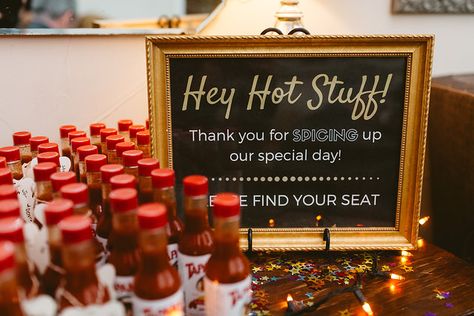 Hot sauce wedding favors Spicy Bridal Shower Ideas, Salsa Wedding Favors, Mexican Wedding Gifts For Guests, Fireball Favors, Taco Sayings, Sauce Wedding Favors, Hot Sauce Wedding, Wedding Favors Food, Cajun Wedding