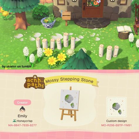 ✨Animal Crossing Patterns ✨ on Instagram: “Mossy stepping stones for those with naturey aesthetics! ✨Credit✨ skwivr on tumblr ✨ Tags ✨ #acnh #animalcrossing…” Animal Crossing Patterns, Animal Crossing Codes, Acnh Paths, Motif Acnl, Ac New Leaf, Animal Crossing Guide, Viking Life, Animal Crossing Qr Codes Clothes, Path Design