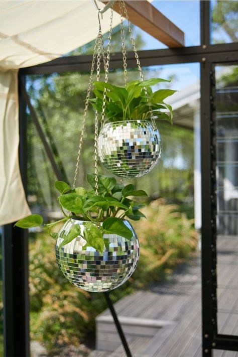 disco ball planter, disco ball, gift for plant lovers, disco ball decor, disco ball planter, cute plant pots, plant gifts, fun planters, hanging planter, home decor ideas, mirror ball, mirror planter, summer decor, plant decor, home decor, amazon decor, disco ball planters, plants, indoor gardening, indoor plants, bedroom decor, bedroom, greenhouse, greenhouse decor Botanical Party, Disco Glamour, Disco Ball Planter, Ice Cream Ball, Ice Cream Crafts, Disco Decorations, Greenhouse Interiors, Planting Ideas, Garden Oasis