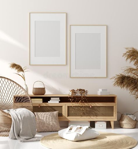 Mock up frame in home interior background, beige room with natural wooden furniture, Scandinavian style. 3d render royalty free stock images Cliff View, Landscape Art Prints, Bohemian Wall Art, White Poster, Print Black And White, Unframed Art Prints, Rustic Wall, Mandalay, Gallery Wall Set