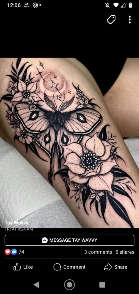 Bmth Tattoo, Best Feminine Tattoos, Luna Moth Tattoo, Moth Tattoo Design, Shin Tattoo, Skull Girl Tattoo, Floral Thigh Tattoos, Wicked Tattoos, Scary Tattoos