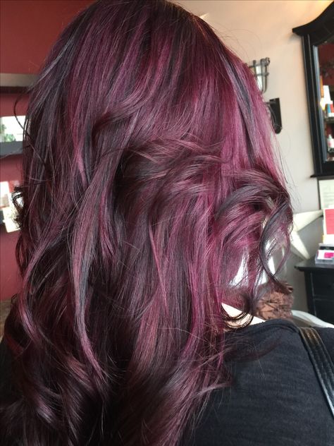 Reddish Purple Highlights, Brown And Raspberry Hair, Magenta Streaks In Brown Hair, Pink Over Dark Brown Hair, Brown Magenta Hair, Magenta And Brown Hair, Black Hair Red Tips, Reddish Purple Hair, Cranberry Hair