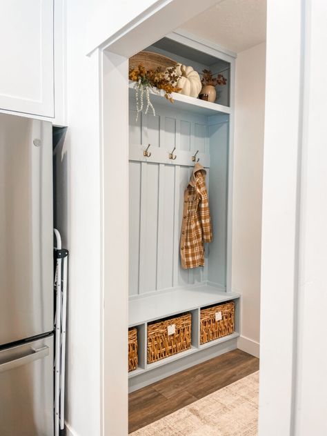 Another look at the mudroom from the kitchen Mudroom Off Of Kitchen, Fridge In Mudroom, Mudroom In Hallway, Mudroom Into Kitchen, White Oak Mudroom Lockers, Small Mudroom Built Ins With Bench, Add On Mudroom, Porch To Mudroom Conversion, Kitchen With Mudroom