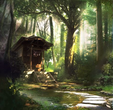 Forest Shrine Concept Art, Japanese Forest Shrine, Fantasy Shrine Art, Forest Shrine Art, Japanese Forest Art, Shrine Drawing, Shrine Wallpaper, Fantasy Shrine, Forest Shrine