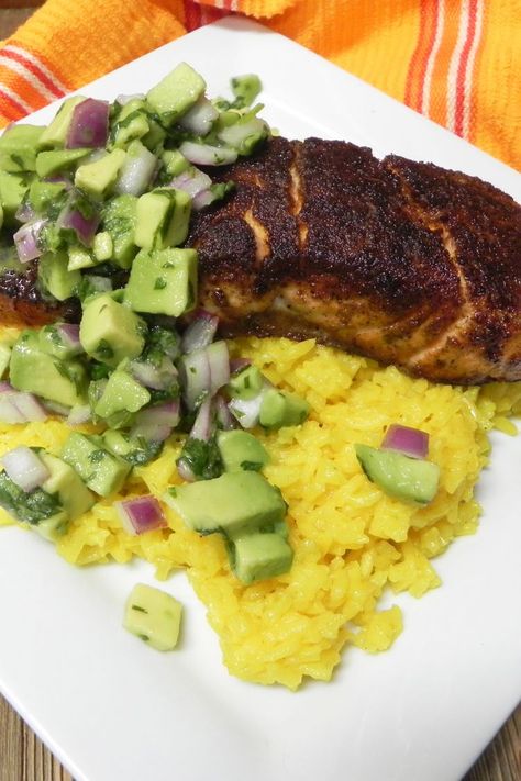 Blackened Salmon with Avocado Salsa Tacos With Mango Salsa, Salmon With Avocado, Avocado Salsa Recipe, Salmon With Avocado Salsa, Grilled Halibut, Stuffed Anaheim Peppers, Mango Salsa Recipes, Salmon Tacos, Blackened Salmon