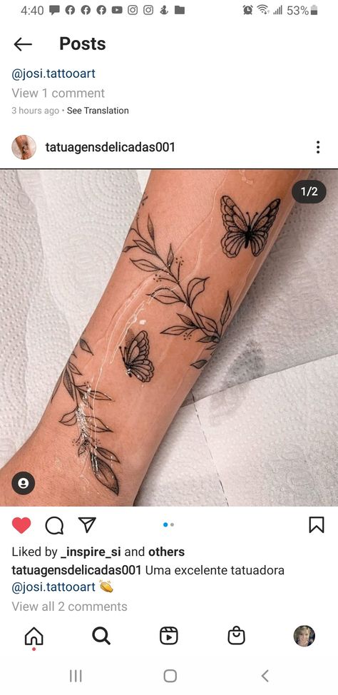 Tattoo Ideas Female Arms Butterfly, Flower Butterfly Wrap Around Tattoo, Butterfly Tattoo With Greenery, Wrap Around Vine Tattoos With Butterfly, Leaves And Butterfly Tattoo, Arm Wrap Tattoos For Women Butterfly, Moth And Vine Tattoo, Butterfly Tattoo Wrapped Around Wrist, Flower And Butterfly Wrap Around Tattoo