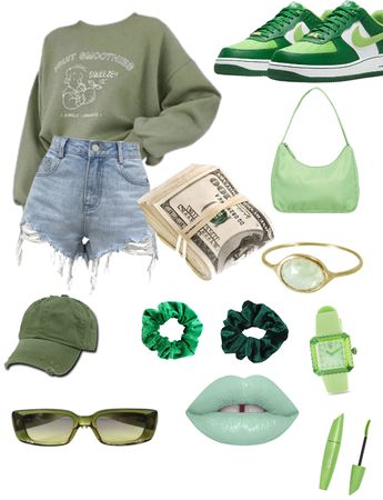 Sporty Green Outfits, Green Summer Aesthetic Outfits, Cute Green Outfits Casual, Cute Dark Green Outfits, Green Asthetics Outfit, Green Theme Outfit, Light Green Outfit Ideas, Green Tomboy Outfits, Cute Green Clothes